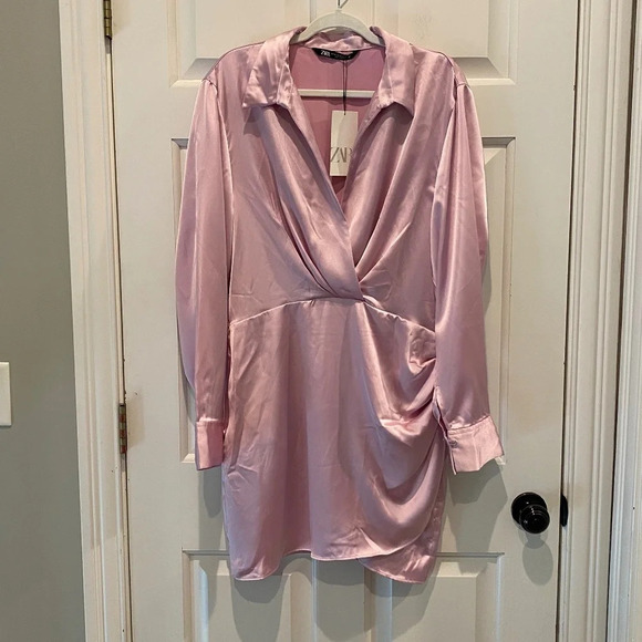 New! ZARA Satin Wrap Dress Blush Pink nwt 16639 - Picture 4 of 15